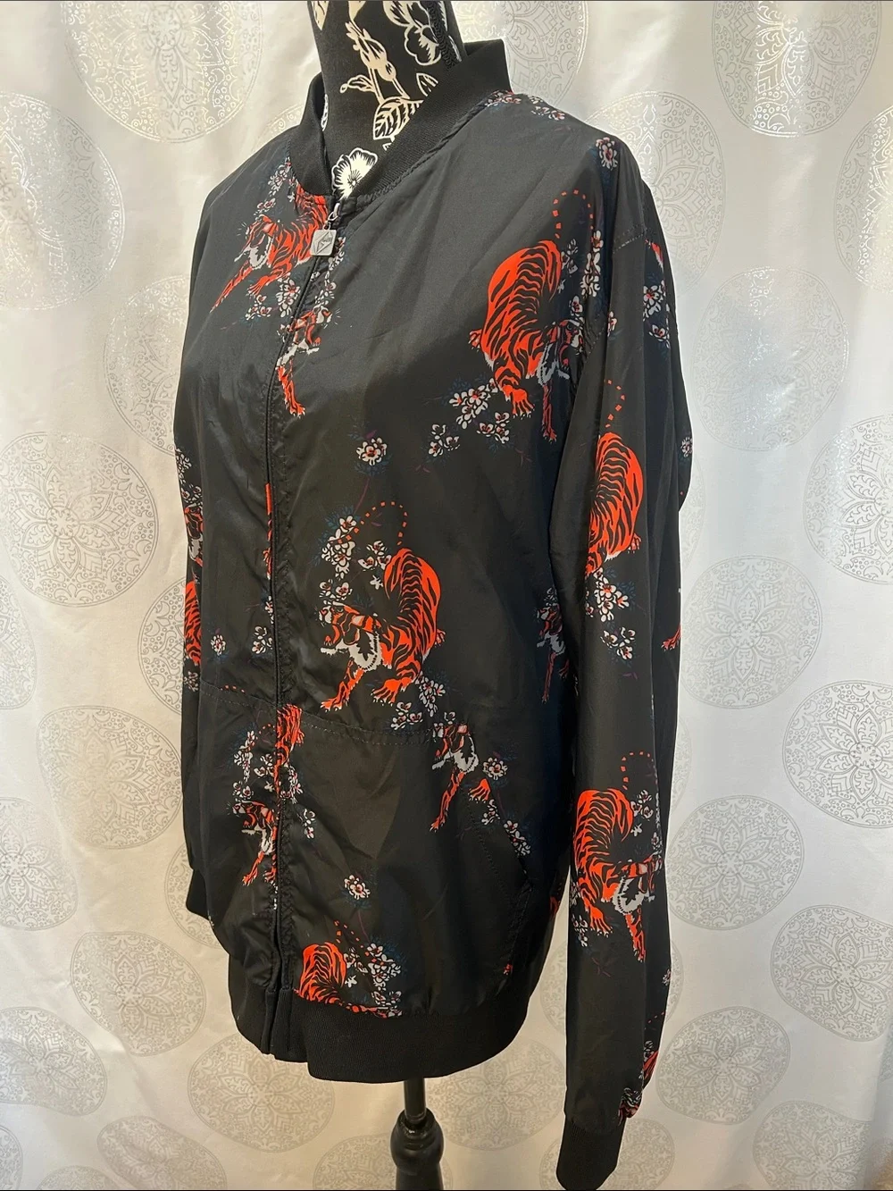 G-Net Black & Orange Tiger Floral Print Bomber Jacket Unisex Large - Extra Large